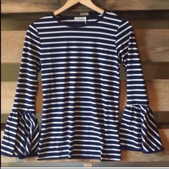 Navy and White Bell Sleeve Blouse - Picture 2 of 2